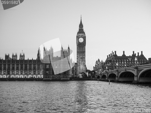 Image of Black and white Houses of Parliament in London