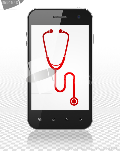 Image of Healthcare concept: Smartphone with Stethoscope on display