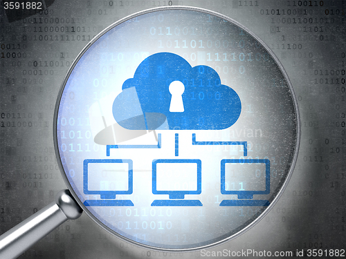 Image of Security concept: Cloud Network with optical glass on digital background