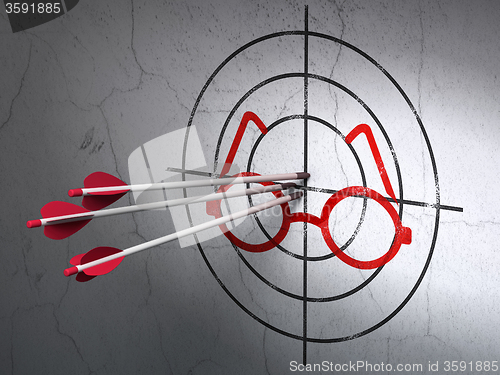 Image of Science concept: arrows in Glasses target on wall background