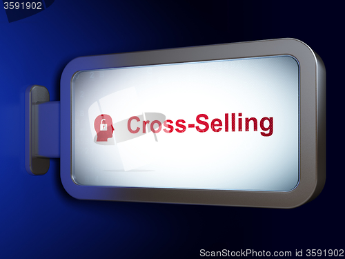 Image of Finance concept: Cross-Selling and Head With Padlock on billboard background