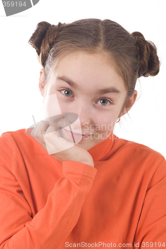 Image of Happy girl with hands on chin