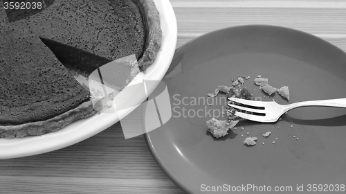 Image of Plate with crumbs next to a sliced pumpkin pie