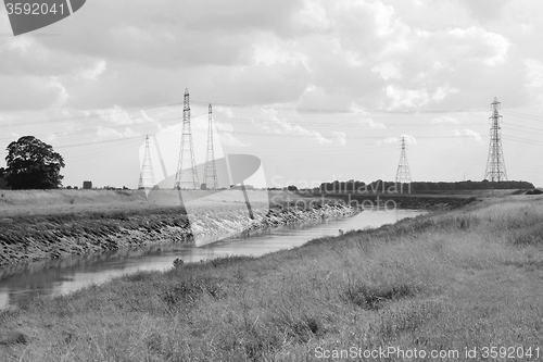 Image of Overhead power lines span the River Nene in Cambridgeshire