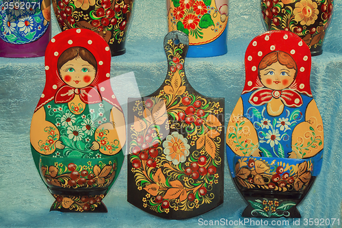 Image of Traditional Russian Souvenirs, decorated with ornaments.
