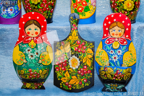 Image of Traditional Russian Souvenirs, decorated with ornaments.