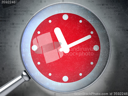 Image of Timeline concept: Clock with optical glass on digital background