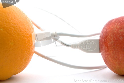 Image of The orange and apple are connected through a cable 1