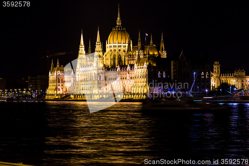 Image of Budapest Parliament building in Hungary at twilight.