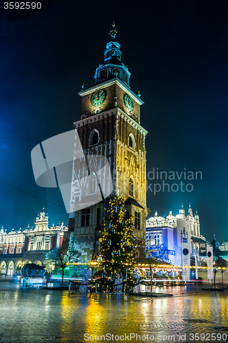 Image of Poland, Krakow. Market Square at night.