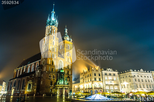 Image of Poland, Krakow. Market Square at night.