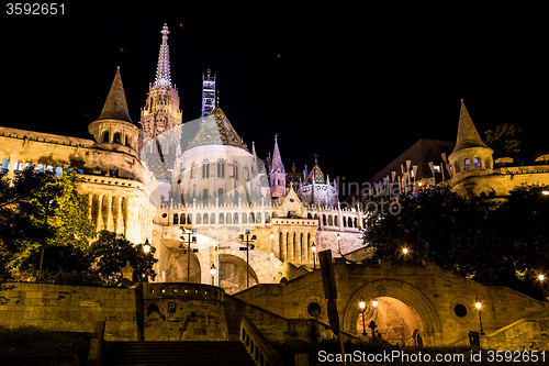 Image of Fisherman\'s bastion night view, Budapest, Hungary