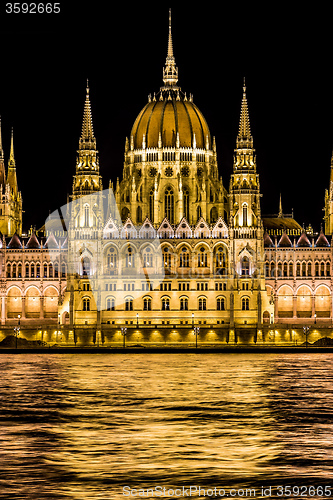 Image of Budapest Parliament building in Hungary at twilight.