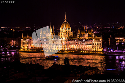 Image of Budapest Parliament building in Hungary at twilight.