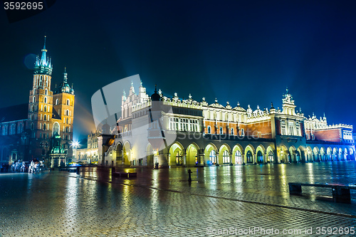 Image of Poland, Krakow. Market Square at night.