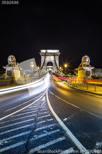 Image of City of Budapest in Hungary night urban scenery, street on the S