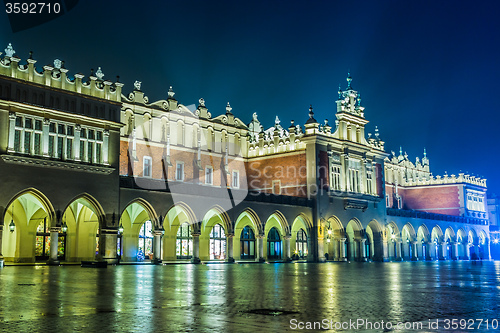 Image of Poland, Krakow. Market Square at night.