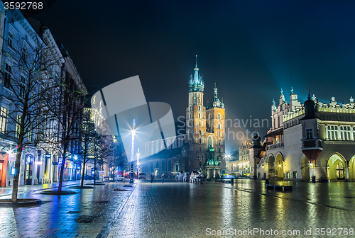 Image of Poland, Krakow. Market Square at night.