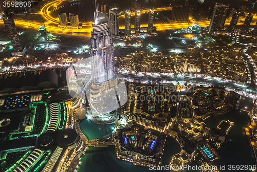 Image of Address Hotel at night in the downtown Dubai area overlooks the 