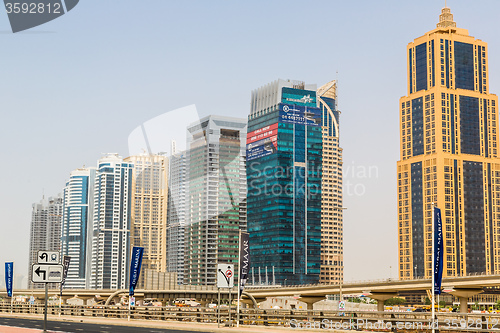 Image of Dubai downtown. East, United Arab Emirates architecture