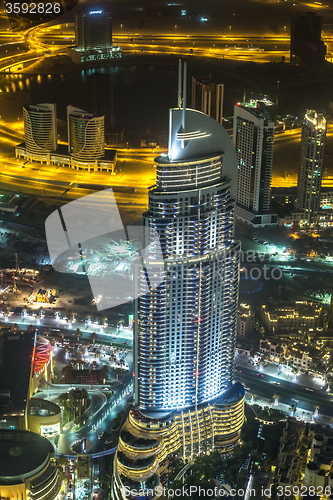 Image of Address Hotel at night in the downtown Dubai area overlooks the 