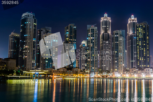 Image of Dubai downtown. East, United Arab Emirates architecture