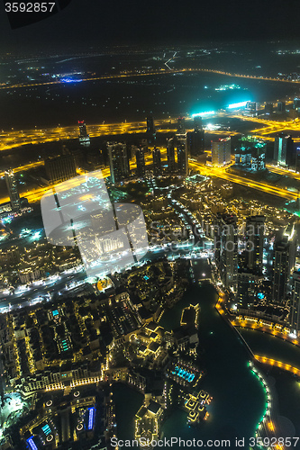 Image of Address Hotel at night in the downtown Dubai area overlooks the 