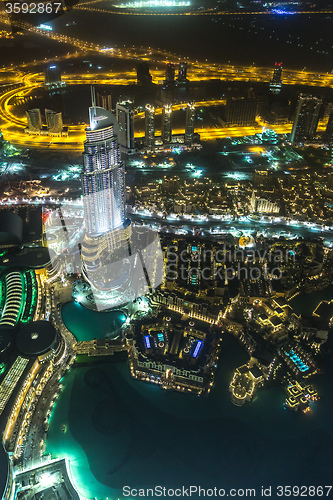 Image of Address Hotel at night in the downtown Dubai area overlooks the 