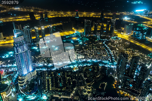 Image of Address Hotel at night in the downtown Dubai area overlooks the 