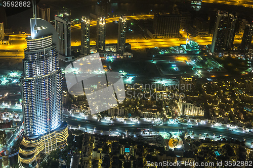 Image of Address Hotel at night in the downtown Dubai area overlooks the 