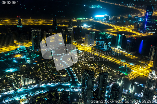 Image of Address Hotel at night in the downtown Dubai area overlooks the 