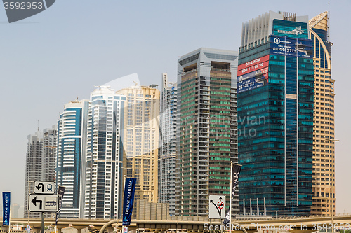 Image of Dubai downtown. East, United Arab Emirates architecture