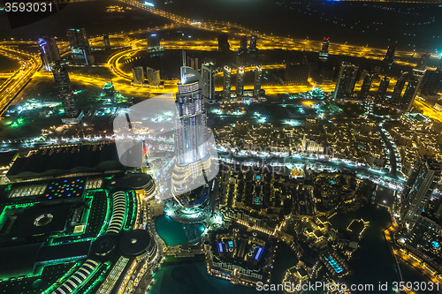 Image of Address Hotel at night in the downtown Dubai area overlooks the 