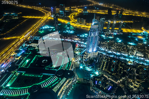 Image of Address Hotel at night in the downtown Dubai area overlooks the 