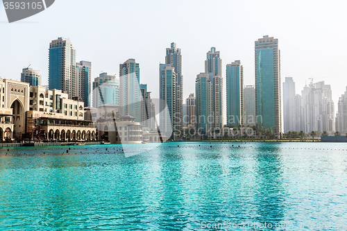 Image of Dubai downtown. East, United Arab Emirates architecture