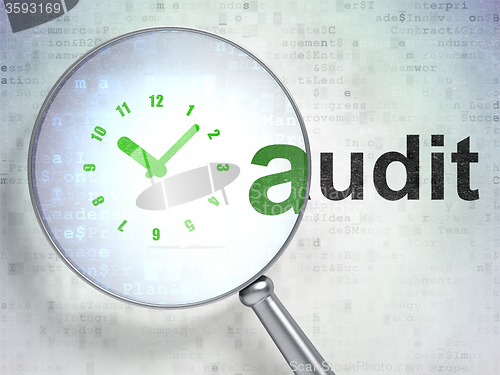 Image of Business concept: Clock and Audit with optical glass