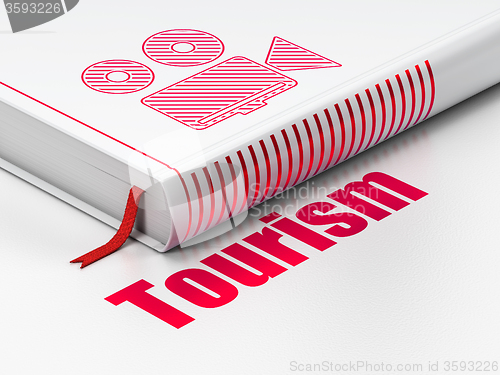 Image of Vacation concept: book Camera, Tourism on white background