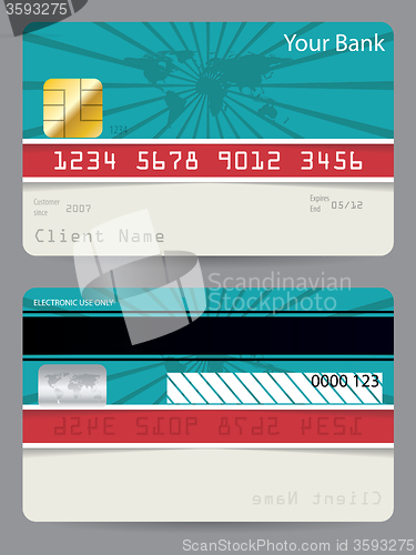 Image of Credit card in turquoise and red with bursting world map