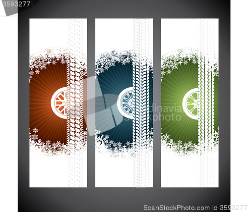 Image of Winter tire advertising label set of three with snowflakes