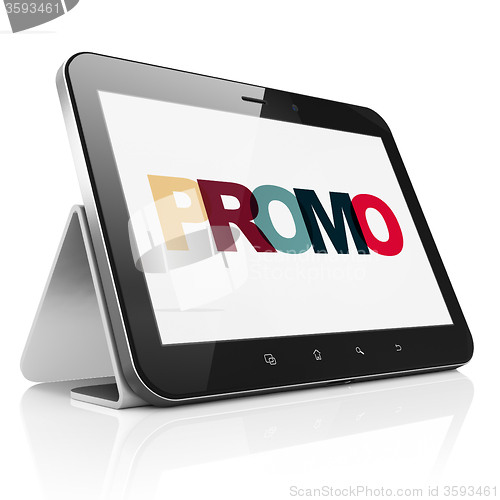 Image of Marketing concept: Tablet Computer with Promo on  display