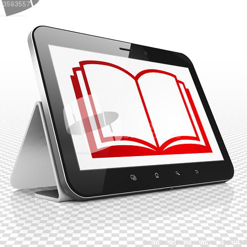 Image of Education concept: Tablet Computer with Book on display