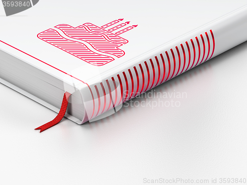 Image of Entertainment, concept: closed book, Cake on white background
