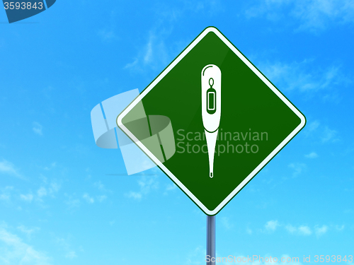 Image of Health concept: Thermometer on road sign background