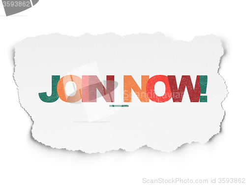 Image of Social media concept: Join now! on Torn Paper background