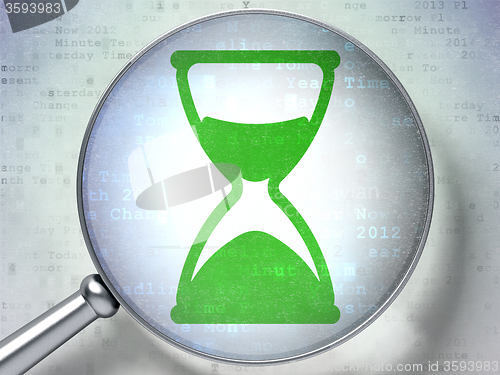 Image of Timeline concept: Hourglass with optical glass on digital background