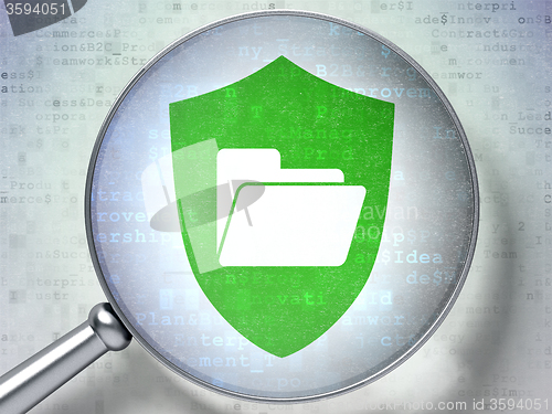 Image of Business concept: Folder With Shield with optical glass on digital background
