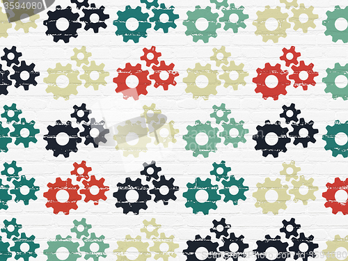 Image of Finance concept: Gears icons on wall background