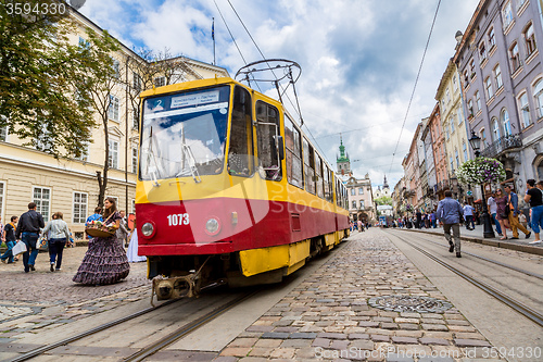 Image of Old  tram is in the historic center of Lviv.