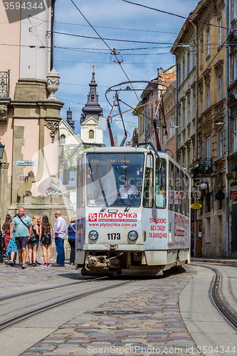 Image of Old  tram is in the historic center of Lviv.