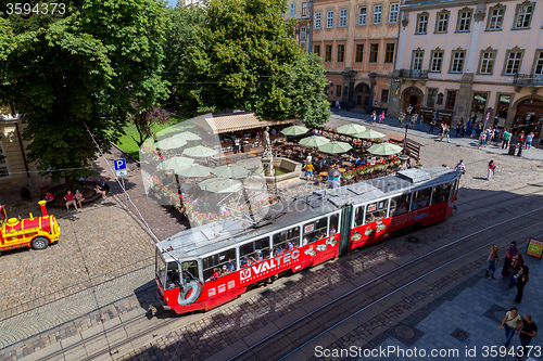 Image of Old  tram is in the historic center of Lviv.